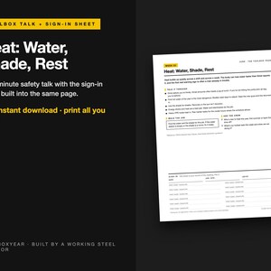 Puede incluir: Una hoja de seguridad y registro de asistencia titulada Heat: Water, Shade, Rest. El documento incluye pautas de seguridad, puntos de discusi&oacute;n y una tabla para registrar nombres, fechas y firmas para el cumplimiento de seguridad.