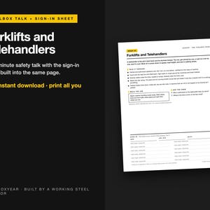 May include: A digital document titled Forklifts and Telehandlers featuring a toolbox talk safety guide and a sign-in sheet. The white page includes black text, yellow headers, and bulleted safety instructions for heavy machinery operators.