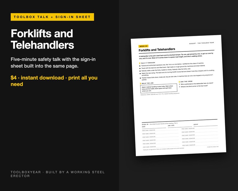 May include: A digital document titled Forklifts and Telehandlers featuring a toolbox talk safety guide and a sign-in sheet. The white page includes black text, yellow headers, and bulleted safety instructions for heavy machinery operators.