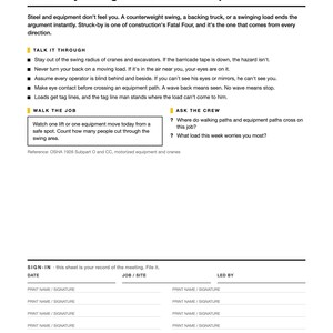 May include: A white safety training document titled Week 15 April The Toolbox Year Struck-By: Swing Radius and Blind Spots. It includes safety guidelines, a Walk the Job section, an Ask the Crew section, and a sign-in sheet for date, job site, and signatures.