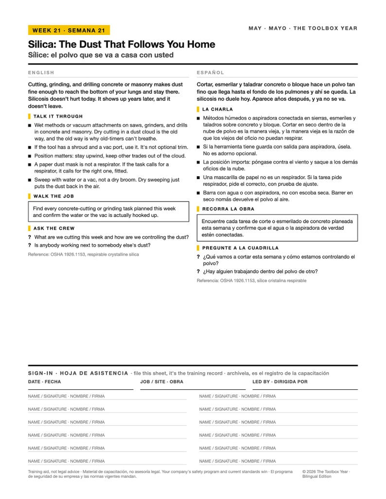 Bilingual Silica Toolbox Talk English Spanish | Charla de Seguridad Silice | Safety Meeting PDF with Sign In Sheet | Hoja de Asistencia image 2