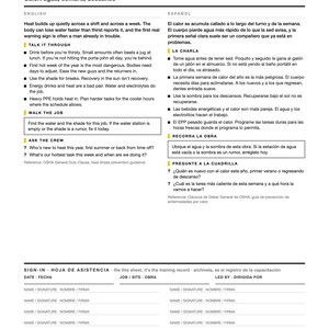 Charla bilingüe sobre la caja de herramientas de seguridad contra el calor Inglés Español / Charla de Seguridad Calor / Safety Meeting PDF with Sign In Sheet / Hoja de Asistencia imagen 2