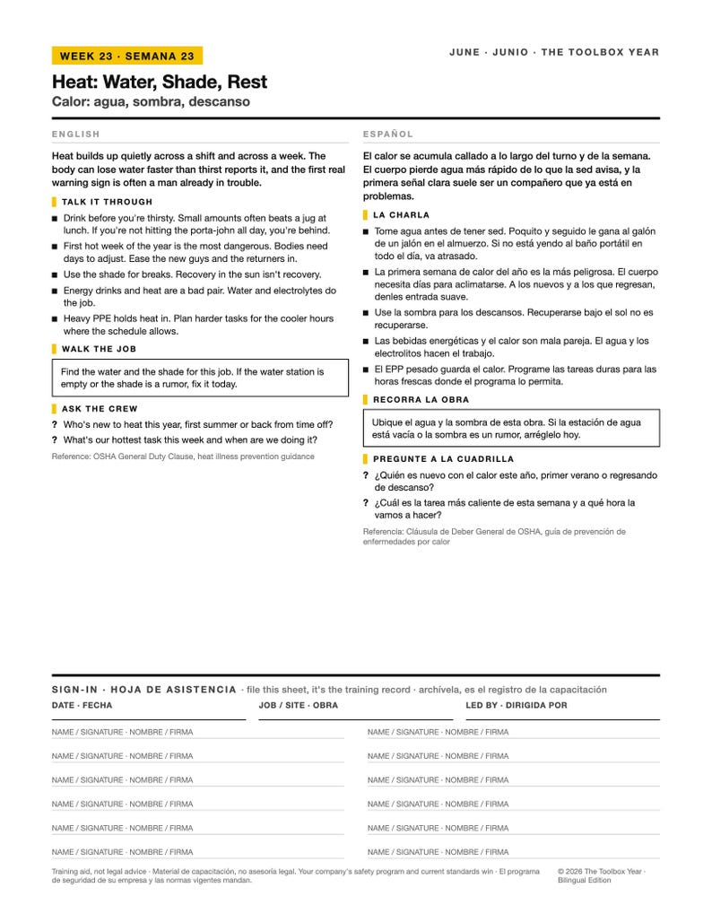 Charla bilingüe sobre la caja de herramientas de seguridad contra el calor Inglés Español / Charla de Seguridad Calor / Safety Meeting PDF with Sign In Sheet / Hoja de Asistencia imagen 2