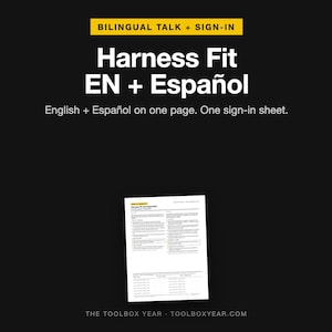 Bilingual Fall Protection Toolbox Talk English Spanish | Charla de Seguridad Arnes | Harness Safety Meeting PDF with Sign In Sheet