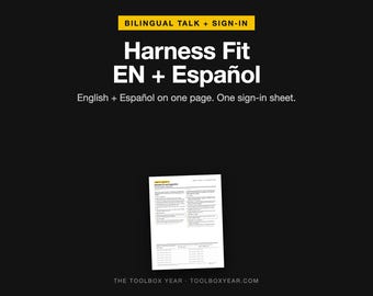 Bilingual Fall Protection Toolbox Talk English Spanish | Charla de Seguridad Arnes | Harness Safety Meeting PDF with Sign In Sheet