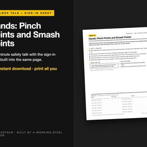 Op de afbeelding: Een digitaal document getiteld Hands: Pinch Points and Smash Points, met een veiligheidspraatje en een presentielijst. De tekst bevat instructies voor een veiligheidsvergadering van vijf minuten, veiligheidstips en een tabel voor namen.