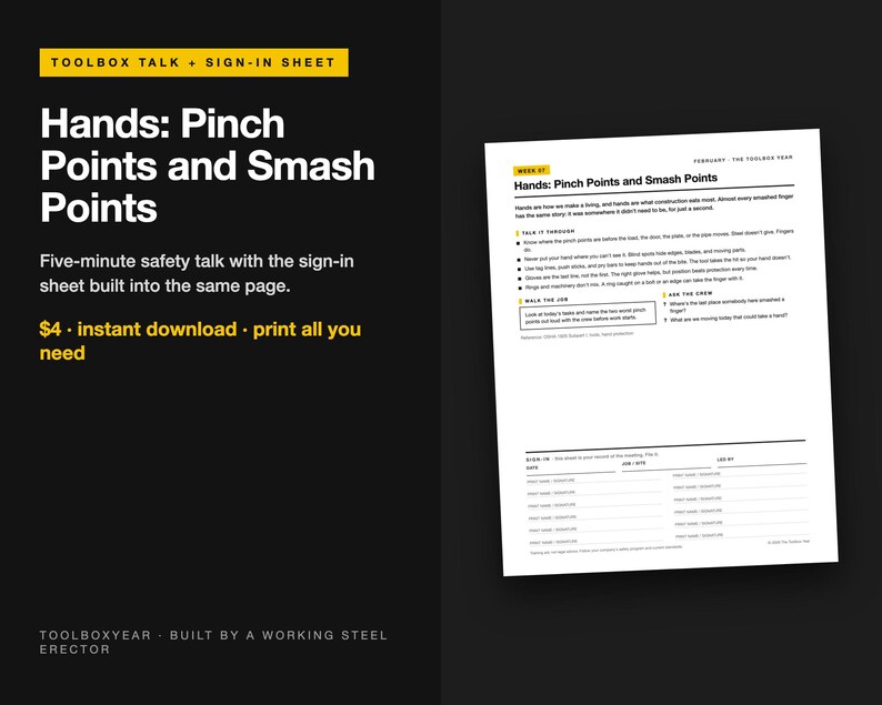 Op de afbeelding: Een digitaal document getiteld Hands: Pinch Points and Smash Points, met een veiligheidspraatje en een presentielijst. De tekst bevat instructies voor een veiligheidsvergadering van vijf minuten, veiligheidstips en een tabel voor namen.