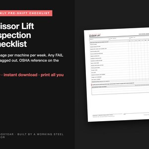 May include: A white paper document titled Scissor Lift Inspection Checklist with a grid for daily entries, including fields for date, operator, and machine ID, featuring a list of safety inspection points and a section for notes at the bottom.