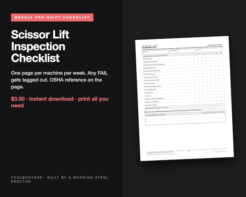 May include: A white paper document titled Scissor Lift Inspection Checklist with a grid for daily entries, including fields for date, operator, and machine ID, featuring a list of safety inspection points and a section for notes at the bottom.