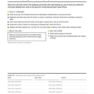 May include: A white informational safety document titled Week 06 February The Toolbox Year Housekeeping Is a Safety System. It includes bulleted instructions for workplace safety, a Walk the Job section, an Ask the Crew section, and a sign-in sheet.