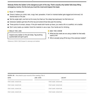 May include: A white safety training document titled Week 05 Ladders: Set It Up Like You Mean It. It includes safety guidelines, inspection checklists, and a sign-in section with fields for date, job site, and signatures for multiple participants.