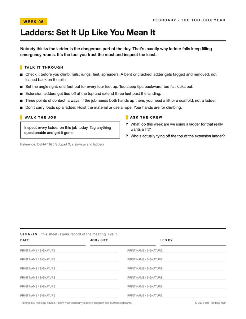 May include: A white safety training document titled Week 05 Ladders: Set It Up Like You Mean It. It includes safety guidelines, inspection checklists, and a sign-in section with fields for date, job site, and signatures for multiple participants.