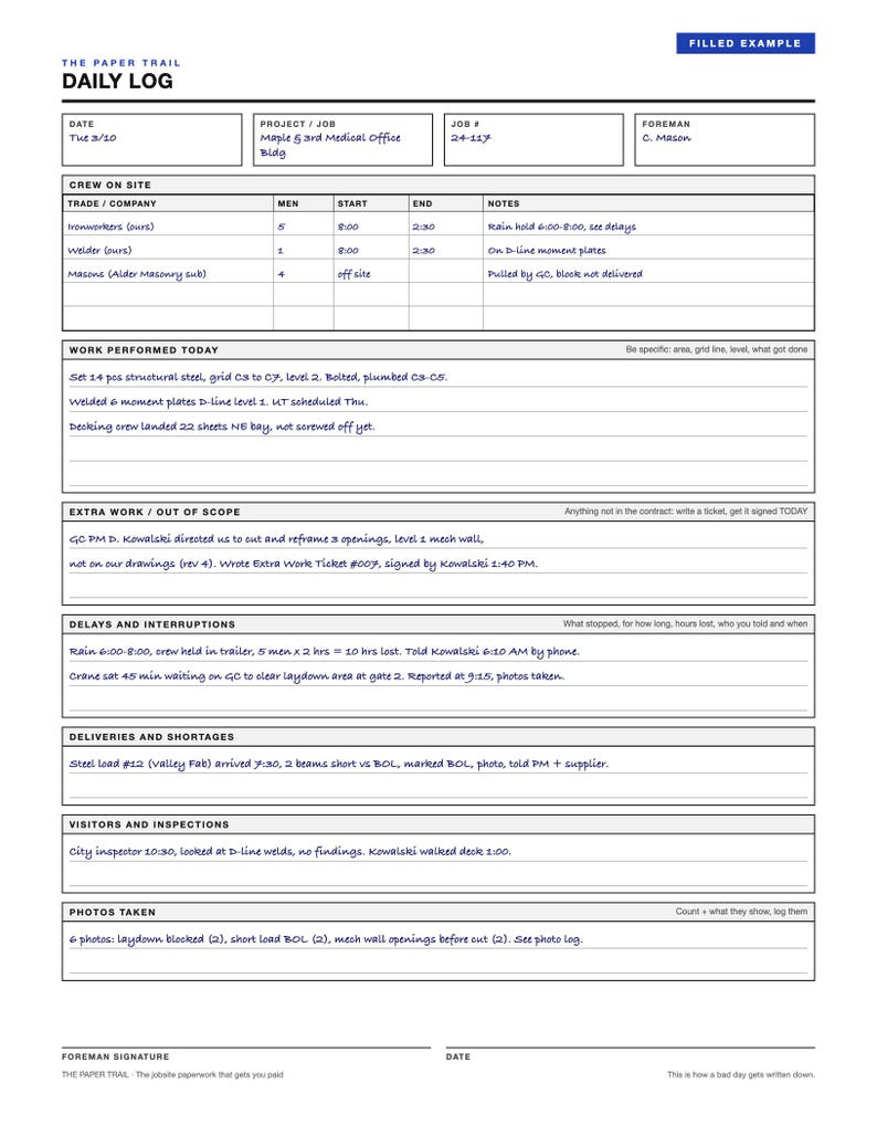 Contractor Jobsite Daily Log, Extra Work Ticket, Delay Notice (PDF) image 3