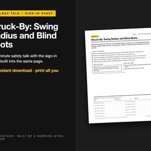 May include: A white document titled Struck-By: Swing Radius and Blind Spots, featuring safety guidelines for construction equipment, including a section for a sign-in sheet with columns for date, job site, and printed name and signature.