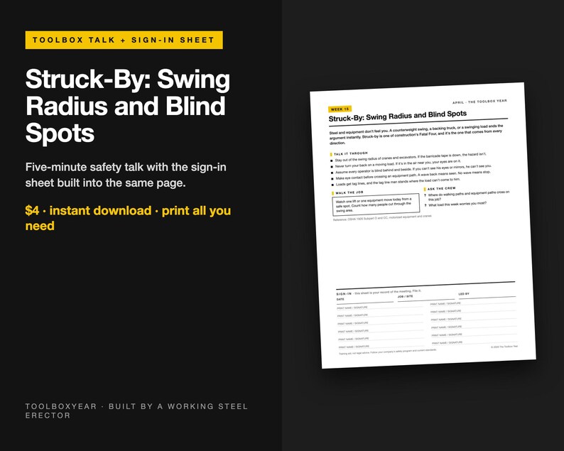 May include: A white document titled Struck-By: Swing Radius and Blind Spots, featuring safety guidelines for construction equipment, including a section for a sign-in sheet with columns for date, job site, and printed name and signature.