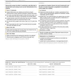 May include: A bilingual safety training document titled Harness Fit and Inspection, featuring instructional text in English and Spanish regarding fall protection equipment, inspection guidelines, and a sign-in sheet for recording employee attendance.