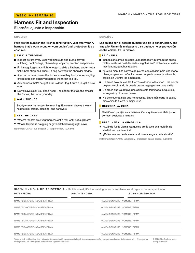 May include: A bilingual safety training document titled Harness Fit and Inspection, featuring instructional text in English and Spanish regarding fall protection equipment, inspection guidelines, and a sign-in sheet for recording employee attendance.