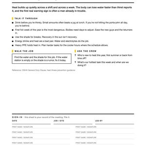 Puede incluir: Un documento informativo de seguridad titulado Week 23 Heat: Water, Shade, Rest. Incluye consejos sobre seguridad ante el calor, una secci&oacute;n para inspeccionar el lugar de trabajo, preguntas para el equipo y una tabla para fecha, sitio y firmas.