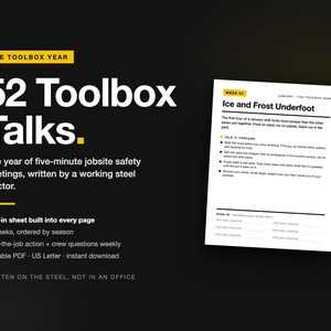 May include: A digital document titled 52 Toolbox Talks featuring jobsite safety meeting content. The page displays Week 01, Ice and Frost Underfoot, with safety tips, bulleted discussion points, and a sign-in section at the bottom of the page.