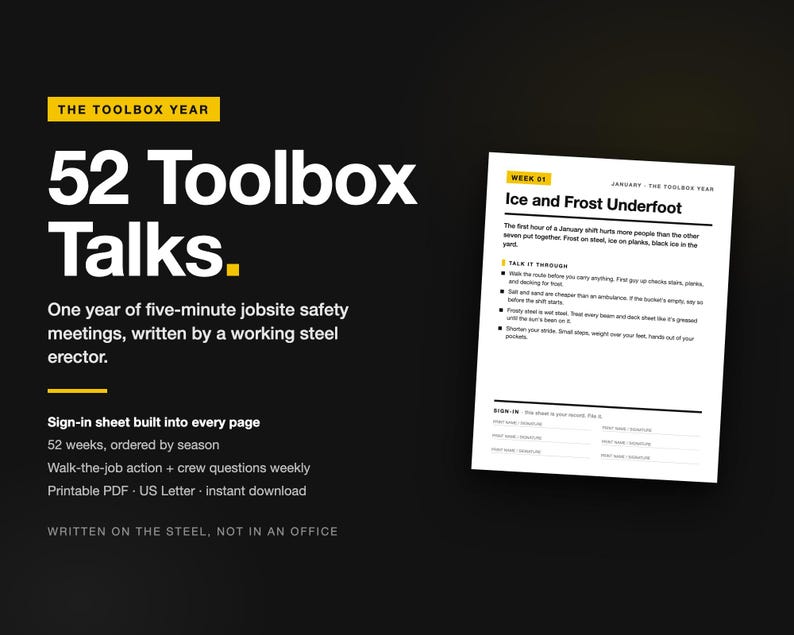 May include: A digital document titled 52 Toolbox Talks featuring jobsite safety meeting content. The page displays Week 01, Ice and Frost Underfoot, with safety tips, bulleted discussion points, and a sign-in section at the bottom of the page.