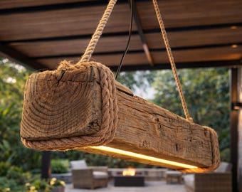 Lampadario Artigianale in Trave di Quercia Antica – Lampada a Sospensione LED Rustica con Corda Naturale