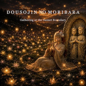 May include: A digital illustration titled DOUSOJIN NO MORIBARA Gathering at the Sunset Boundary featuring a person in traditional robes playing a flute, wearing a fox mask, sitting near two stone statues in a field of glowing lotus flowers.