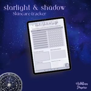Könnte beinhalten: Ein digitaler Hautpflege-Tracker auf einem Tablet, mit dem Text "starlight & shadow" und "Skincare tracker". Der Bildschirm zeigt Abschnitte zur Verfolgung von Hautpflege-Routinen, mit sternförmigen Mustern und Textfeldern für Notizen. Der Hintergrund ist dunkelblau mit Sternen.