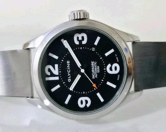 Relógio Glycine Incursore suíço automático vintage raro, 100m | Mostrador preto, estilo militar, 44mm | Frete grátis | Caixa para presente e garantia de 12 meses.