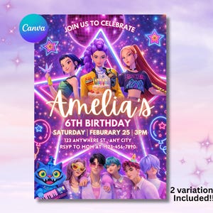 Kpop Demon Hunters Birthday Party Invitation Template: Huntrix Golden Theme (Digital download)