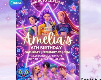 Modèle d'invitation à une fête d'anniversaire Kpop Demon Hunters : Huntrix Golden Theme (téléchargement numérique)