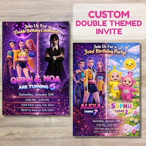 Puede incluir: Invitaciones de cumpleaños personalizadas de doble temática. Una invitación presenta un fondo púrpura con personajes de dibujos animados y el texto "Quinn & Noa cumplen 6 años". La otra invitación tiene un fondo azul con personajes de dibujos animados y el texto "Alexa cumple 7, Sophie cumple 2."