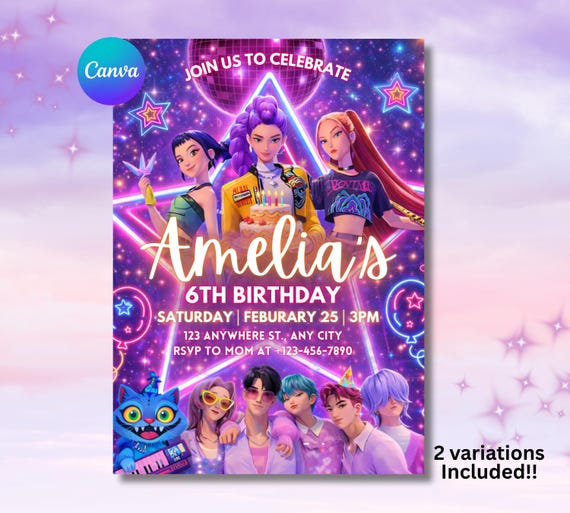 Kpop Demon Hunters Birthday Party Invitation Template: Huntrix Golden Theme (Digital download)