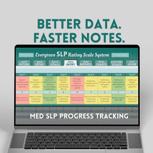 Könnte beinhalten: Ein Laptop mit der Benutzeroberfläche "Evergreen SLP Rating Scale System". Der Bildschirm zeigt ein Raster mit Dateneingabefeldern und den Text "BETTER DATA. FASTER NOTES." und "MED SLP PROGRESS TRACKING."