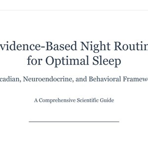 Peut inclure: Une page blanche avec le titre "Evidence-Based Night Routine for Optimal Sleep" en texte bleu foncé. En dessous, elle liste "Circadian, Neuroendocrine, and Behavioral Framework" et "A Comprehensive Scientific Guide".