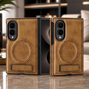 May include: A tan leather-textured folding phone case featuring a circular magnetic ring design and a rectangular kickstand on the back. The case has a black camera module cutout and is embossed with the text MOCOME CASE around the center ring.