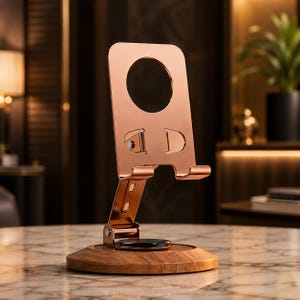 May include: A rose gold metal phone stand with a rectangular back panel featuring a circular cutout and two support hooks. The stand is attached to a circular wooden base with a metallic hinge mechanism that allows for adjustable positioning.