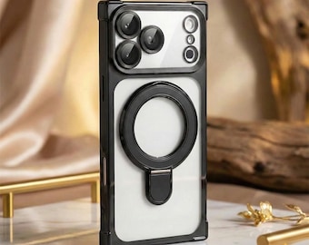Luxus Klar Magnet Stand iPhone Fall, Frosted Rüstung Cover mit Objektivschutz für 17 Air 16 15 14 Pro Max
