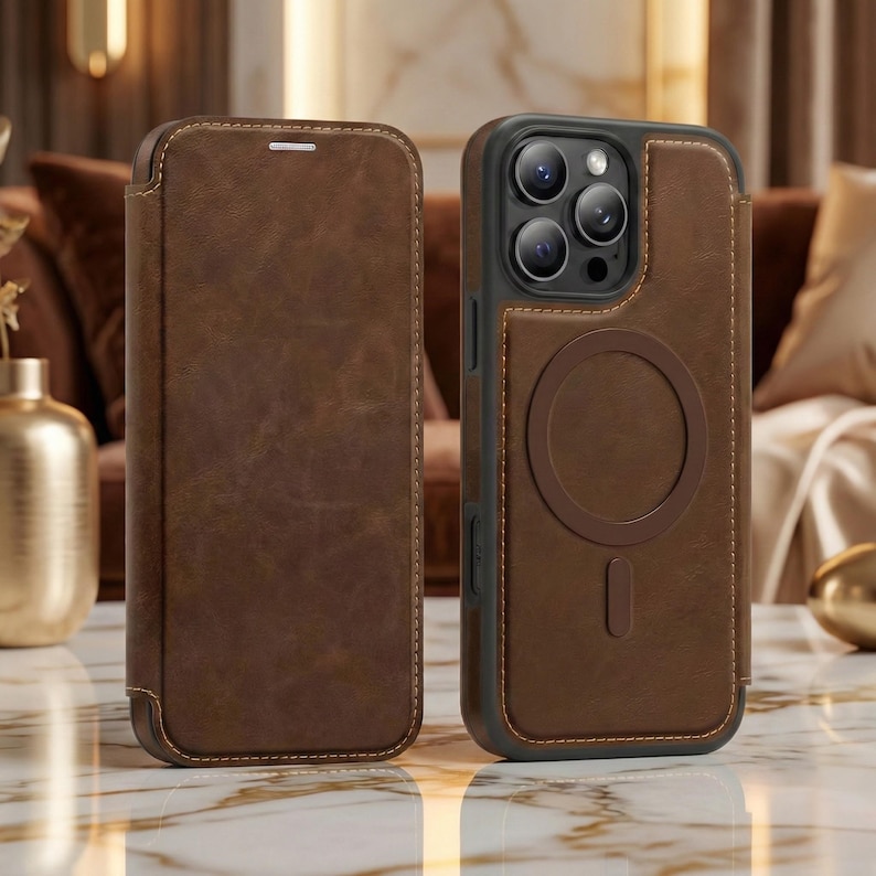 Magnetic Leather Wallet Phone Case with Flip Cover & Card Holder, Luxury Shockproof Case for iPhone 17, 16, 15, 14, 13, 12, 11 Pro Max