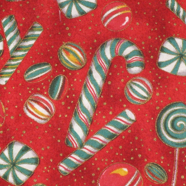 Cotton Fabric Christmas Candy Print Red  Beautiful Fabric 1/4 yard Candy Canes, Ribbon Candy, Peppermints