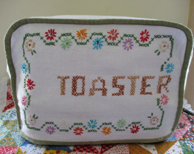Vintage Handmade Kitchen Toaster Cover Embroidered Cotton Flowers Mid