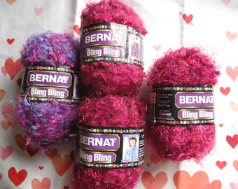 Bernat Yarn 4 Skeins Novelty Bling Bling Eyelash Bulky Nylon Knit Crochet Pink Purple