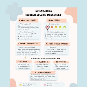 May include: A colourful parent-child problem-solving worksheet. The worksheet includes sections for identifying the problem, expressing feelings, and finding solutions. Text includes "What happened?" and "How I feel?"