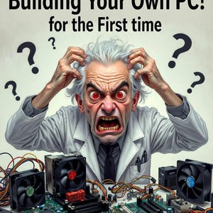 May include: Book cover: "A Beginner's Guide to Building Your Own PC!" features a stressed scientist surrounded by computer components. The image includes the author's name, Mark Herrera, and question marks, conveying the complexity of PC building.