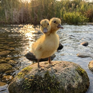 Pode incluir: Um patinho amarelo de duas cabeças está em pé sobre uma rocha coberta de musgo em um riacho. O patinho tem dois bicos e dois pares de olhos. A água flui suavemente e o sol está brilhando, criando uma cena quente e natural.