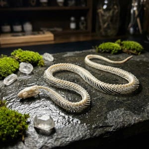 May include: A snake skeleton, its intricate bone structure, rests on a dark, textured surface. Green moss and clear quartz crystals are arranged around the skeleton, creating a natural display. The snake's skull is visible.
