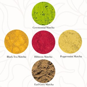 Könnte beinhalten: Draufsicht auf fünf kreisförmige Matcha-Pulverproben. Die Farben sind Grün, Gelb, Rot und Braun, jede mit ihrer Geschmacksrichtung beschriftet: Ceremonial, Black Tea, Hibiscus, Peppermint und Earl Grey Matcha. Der Hintergrund ist weiß mit einem dezenten floralen Muster.