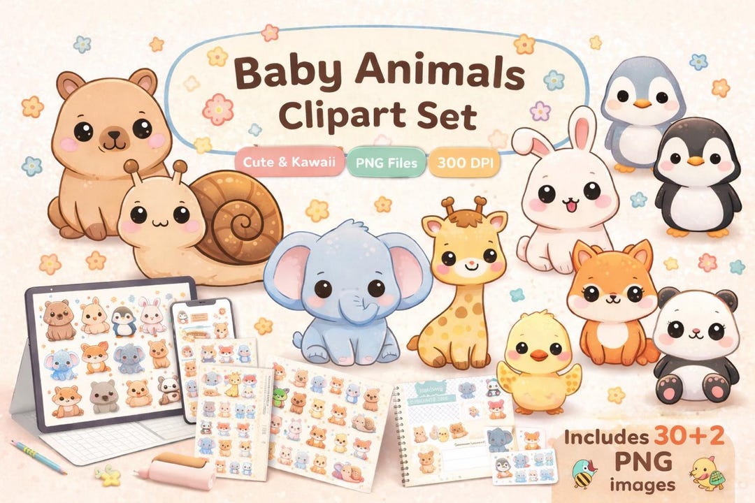 Baby Animals Clipart Bundle, Animal PNG for Stickers & Planners, Kawaii ...