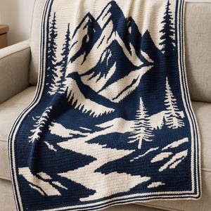 Mountain Scenery Mosaic Crochet Blanket Pattern PDF, Overlay Crochet Chart, Nature Landscape Afghan, Modern Home Decor Throw Pattern