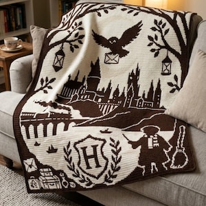 May include: A rectangular crochet blanket featuring a dark brown and cream color scheme. The design depicts a castle, a flying owl carrying a letter, a train on a bridge, a figure holding a wand, a broomstick, and a shield with the letter H.