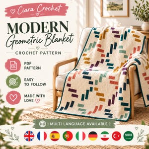 Könnte beinhalten: Eine Häkeldecke mit cremefarbener Basis und einem geometrischen Muster aus kleinen rechteckigen Blöcken in Petrol, Senfgelb, Koralle und Violett. Der Text lautet Ciara Crochet MODERN Geometric Blanket CROCHET PATTERN, PDF PATTERN, EASY TO FOLLOW, MADE WITH LOVE und MULTI LANGUAGE AVAILABLE.